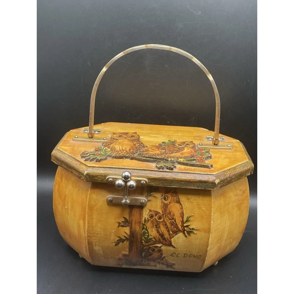 Rare Vintage 1960s-1970s Owl Wood Decoupage Purse